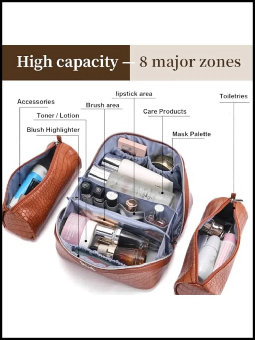 Travel Makeup Bag Set with Compartments for Women - Vegan Leather Toiletry